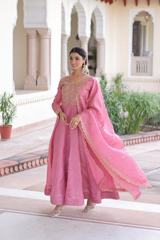 Pink Gold Crush Anarkali Gown ClothsVilla