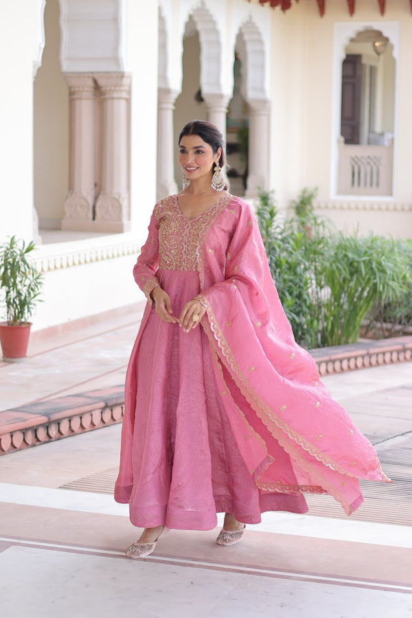 Pink Gold Crush Anarkali Gown ClothsVilla