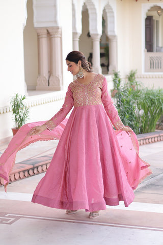 Pink Gold Crush Anarkali Gown ClothsVilla