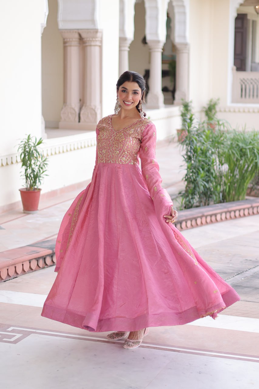 Pink Gold Crush Anarkali Gown ClothsVilla