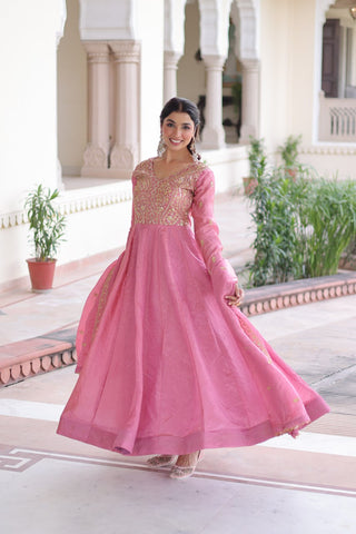 Pink Gold Crush Anarkali Gown ClothsVilla