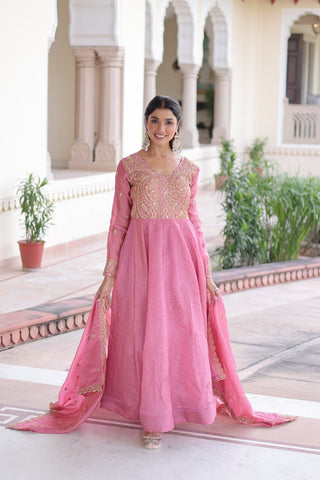Pink Gold Crush Anarkali Gown ClothsVilla