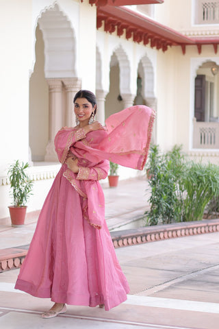 Pink Gold Crush Anarkali Gown ClothsVilla