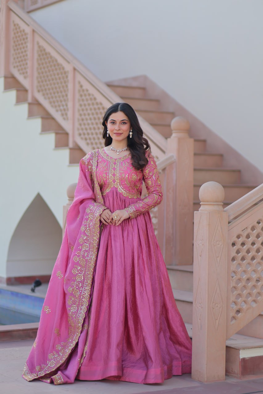 Pink Gold Crush Fabric Embroidered Gown Set with Matching Dupatta – Sequins & Multi Thread Work Clothsvilla