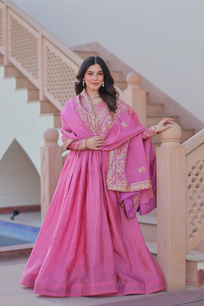 Pink Gold Crush Fabric Embroidered Gown Set with Matching Dupatta – Sequins & Multi Thread Work Clothsvilla