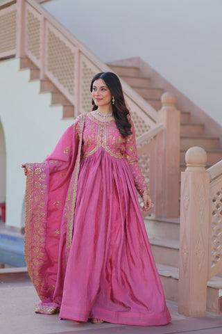 Pink Gold Crush Fabric Embroidered Gown Set with Matching Dupatta – Sequins & Multi Thread Work Clothsvilla