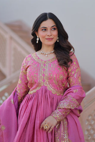 Pink Gold Crush Fabric Embroidered Gown Set with Matching Dupatta – Sequins & Multi Thread Work Clothsvilla