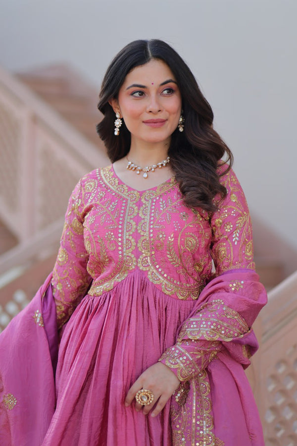 Pink Gold Crush Fabric Embroidered Gown Set with Matching Dupatta – Sequins & Multi Thread Work Clothsvilla