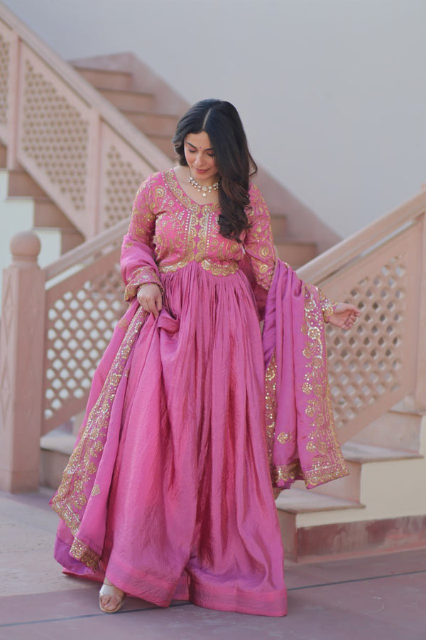Pink Gold Crush Fabric Embroidered Gown Set with Matching Dupatta – Sequins & Multi Thread Work Clothsvilla