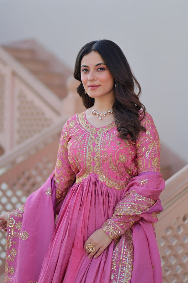 Pink Gold Crush Fabric Embroidered Gown Set with Matching Dupatta – Sequins & Multi Thread Work Clothsvilla
