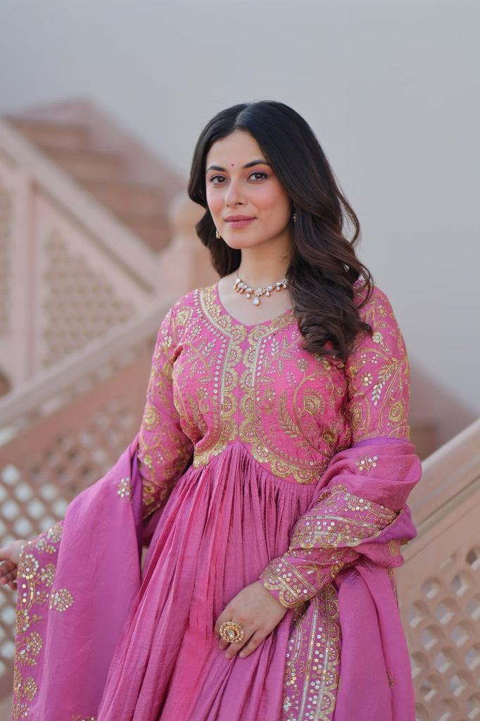 Pink Gold Crush Fabric Embroidered Gown Set with Matching Dupatta – Sequins & Multi Thread Work Clothsvilla