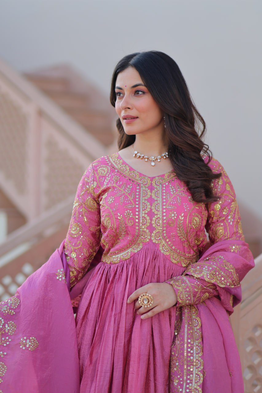 Pink Gold Crush Fabric Embroidered Gown Set with Matching Dupatta – Sequins & Multi Thread Work Clothsvilla