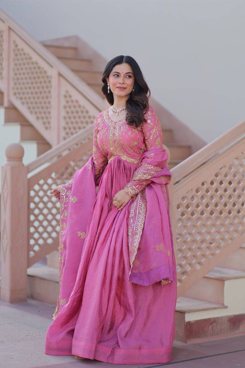 Pink Gold Crush Fabric Embroidered Gown Set with Matching Dupatta – Sequins & Multi Thread Work Clothsvilla