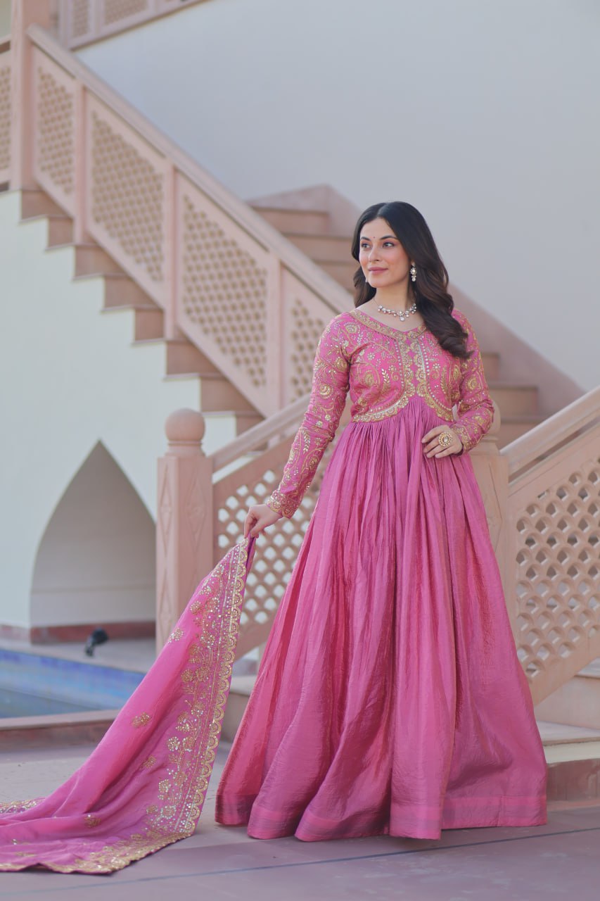 Pink Gold Crush Fabric Embroidered Gown Set with Matching Dupatta – Sequins & Multi Thread Work Clothsvilla