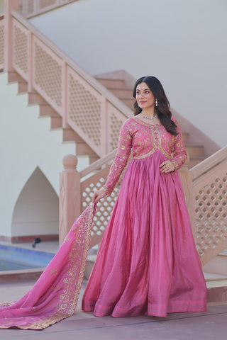 Pink Gold Crush Fabric Embroidered Gown Set with Matching Dupatta – Sequins & Multi Thread Work Clothsvilla