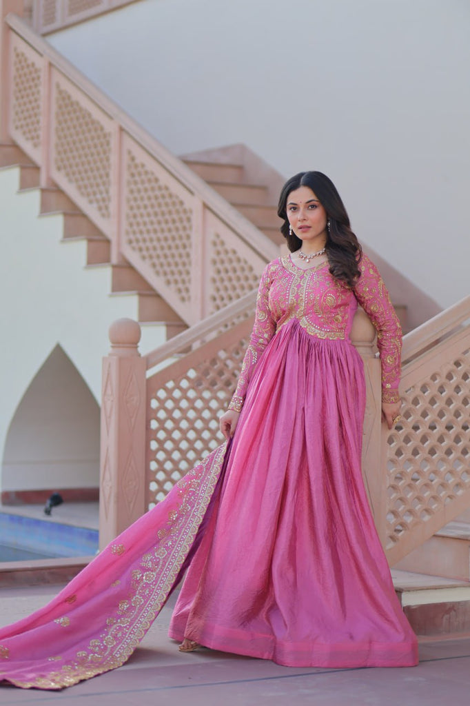 Pink Gold Crush Fabric Embroidered Gown Set with Matching Dupatta – Sequins & Multi Thread Work Clothsvilla