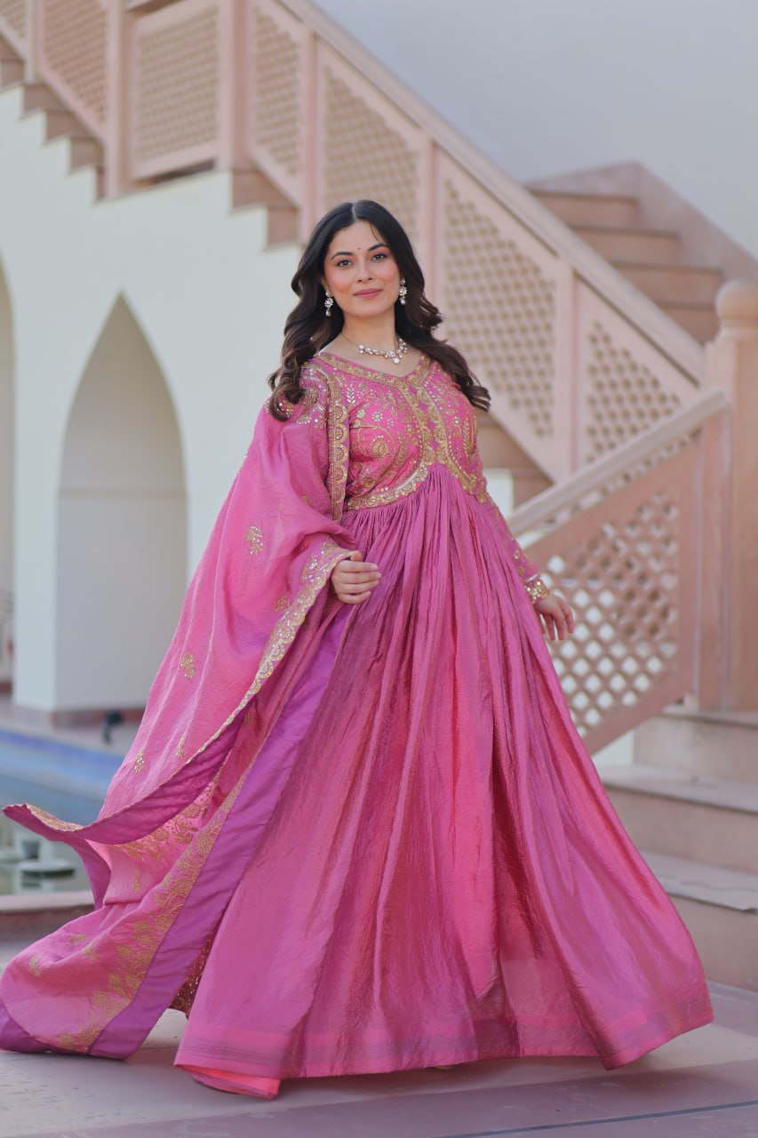 Pink Gold Crush Fabric Embroidered Gown Set with Matching Dupatta – Sequins & Multi Thread Work Clothsvilla
