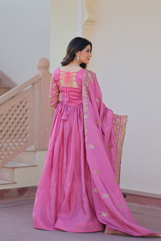 Pink Gold Crush Fabric Embroidered Gown Set with Matching Dupatta – Sequins & Multi Thread Work Clothsvilla