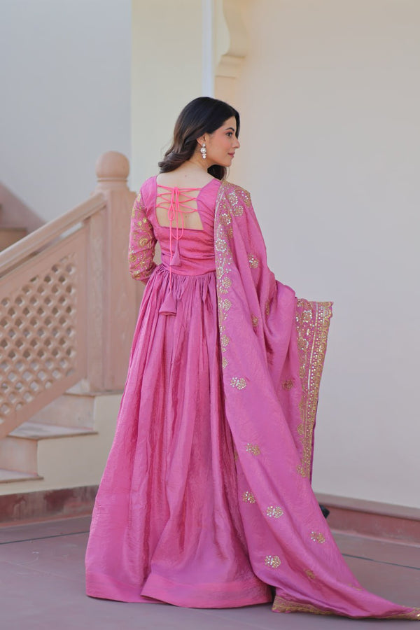 Pink Gold Crush Fabric Embroidered Gown Set with Matching Dupatta – Sequins & Multi Thread Work Clothsvilla