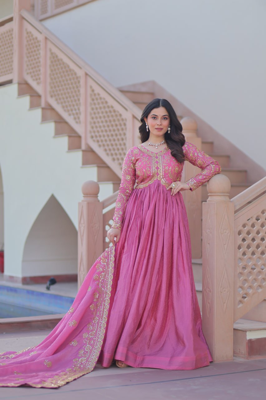 Pink Gold Crush Fabric Embroidered Gown Set with Matching Dupatta – Sequins & Multi Thread Work Clothsvilla