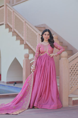 Pink Gold Crush Fabric Embroidered Gown Set with Matching Dupatta – Sequins & Multi Thread Work Clothsvilla