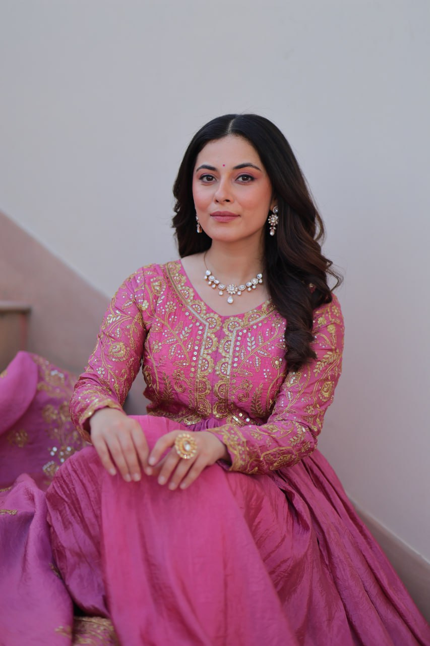 Pink Gold Crush Fabric Embroidered Gown Set with Matching Dupatta – Sequins & Multi Thread Work Clothsvilla