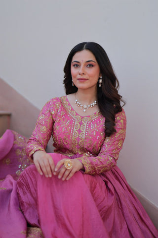 Pink Gold Crush Fabric Embroidered Gown Set with Matching Dupatta – Sequins & Multi Thread Work Clothsvilla