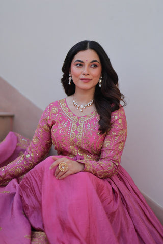 Pink Gold Crush Fabric Embroidered Gown Set with Matching Dupatta – Sequins & Multi Thread Work Clothsvilla