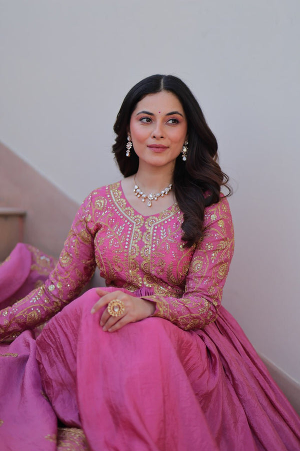 Pink Gold Crush Fabric Embroidered Gown Set with Matching Dupatta – Sequins & Multi Thread Work Clothsvilla