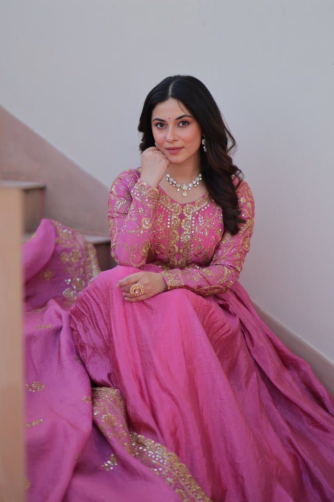 Pink Gold Crush Fabric Embroidered Gown Set with Matching Dupatta – Sequins & Multi Thread Work Clothsvilla