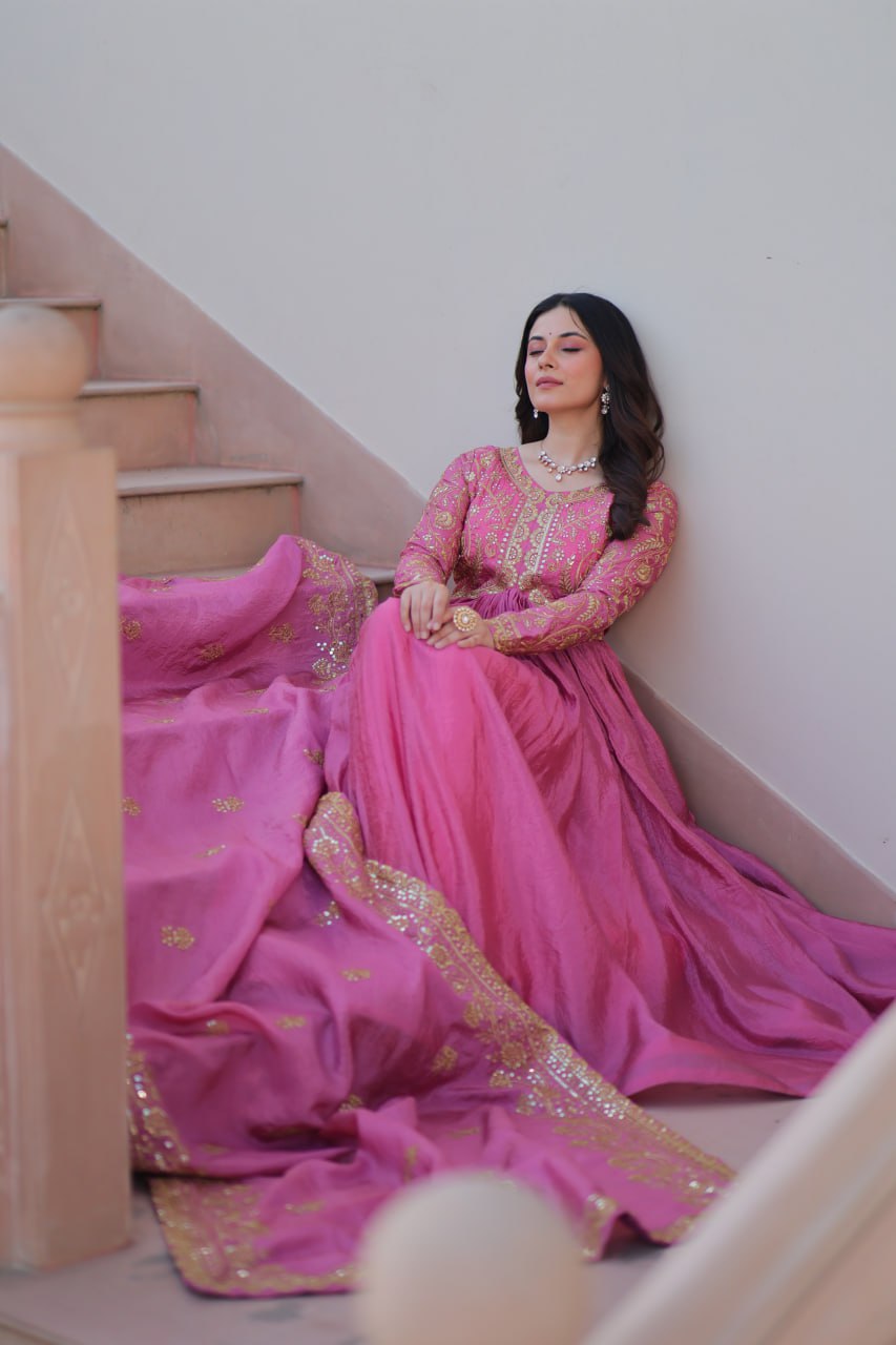 Pink Gold Crush Fabric Embroidered Gown Set with Matching Dupatta – Sequins & Multi Thread Work Clothsvilla