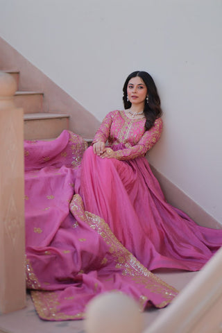 Pink Gold Crush Fabric Embroidered Gown Set with Matching Dupatta – Sequins & Multi Thread Work Clothsvilla