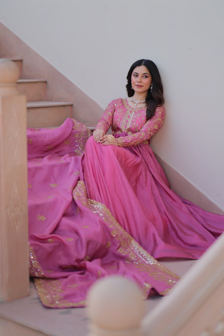Pink Gold Crush Fabric Embroidered Gown Set with Matching Dupatta – Sequins & Multi Thread Work Clothsvilla