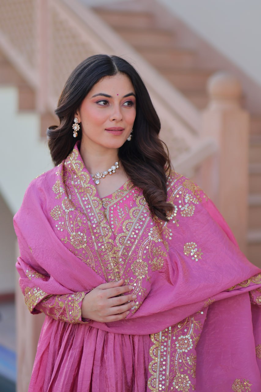 Pink Gold Crush Fabric Embroidered Gown Set with Matching Dupatta – Sequins & Multi Thread Work Clothsvilla