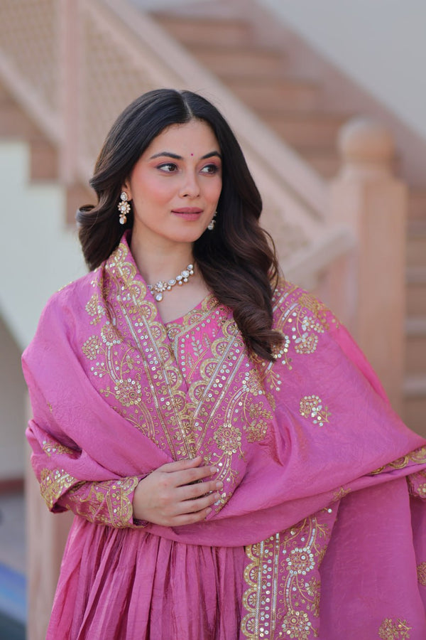Pink Gold Crush Fabric Embroidered Gown Set with Matching Dupatta – Sequins & Multi Thread Work Clothsvilla