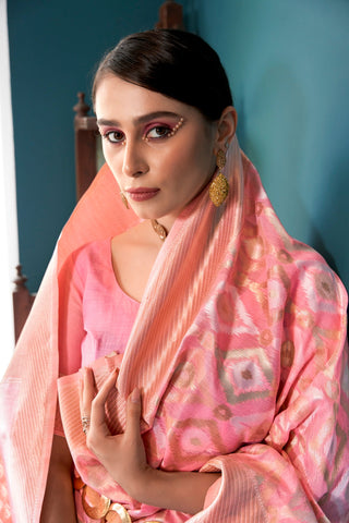 Pink & Gold Elegant Banarasi Saree with Geometric Zari Weaving ClothsVilla