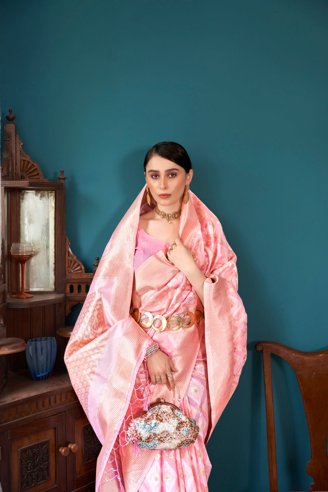 Pink & Gold Elegant Banarasi Saree with Geometric Zari Weaving ClothsVilla