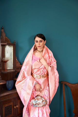 Pink & Gold Elegant Banarasi Saree with Geometric Zari Weaving ClothsVilla