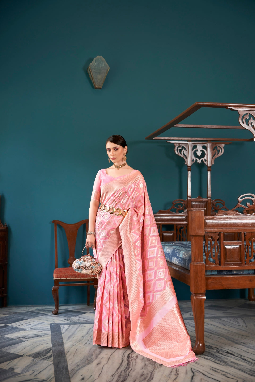 Pink & Gold Elegant Banarasi Saree with Geometric Zari Weaving ClothsVilla Main image