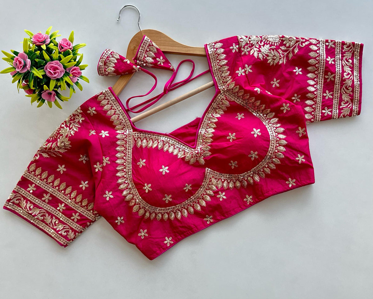 Pink Golden Embroidered Blubbery Silk Blouse with Sequins ClothsVilla Main image