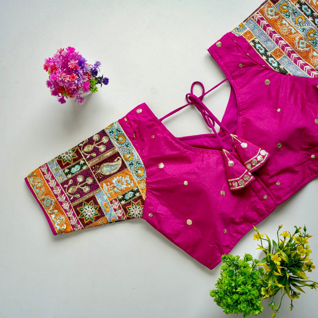 Pink Golden Embroidered Seoul Silk Blouse with Sequins ClothsVilla