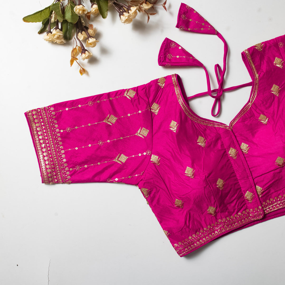 Pink Golden Embroidered Vibrant Silk Blouse with Sequins ClothsVilla Main image