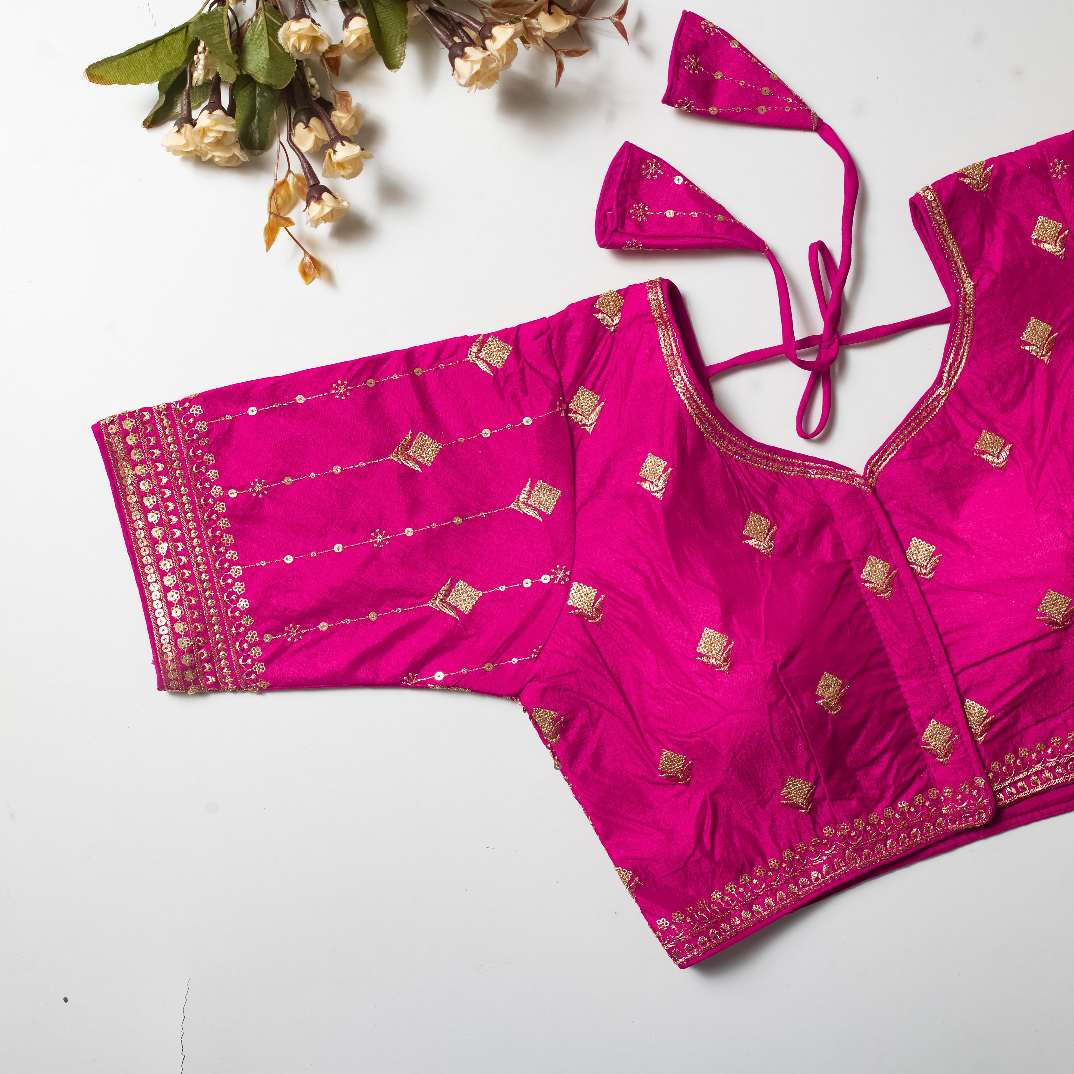 Pink Golden Embroidered Vibrant Silk Blouse with Sequins ClothsVilla Main image