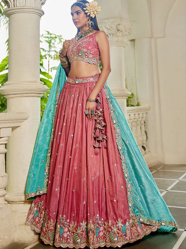 Pink Golden Satin Lehenga Choli Set with Embroidered Dupatta Indian Bridal Outfit ClothsVilla