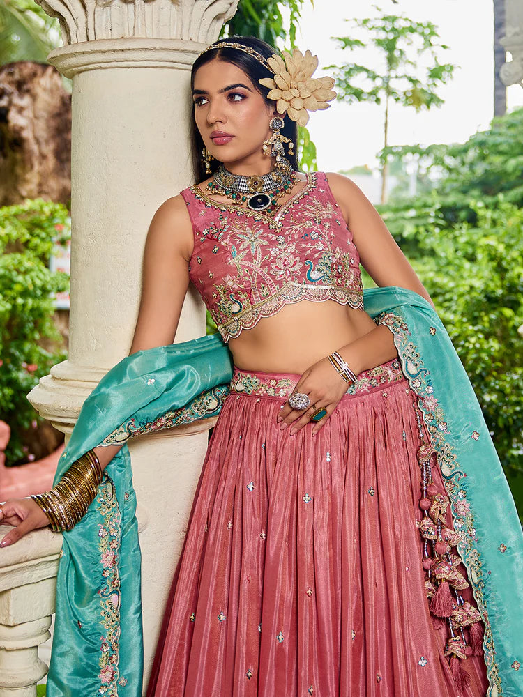 Pink Golden Satin Lehenga Choli Set with Embroidered Dupatta Indian Bridal Outfit ClothsVilla