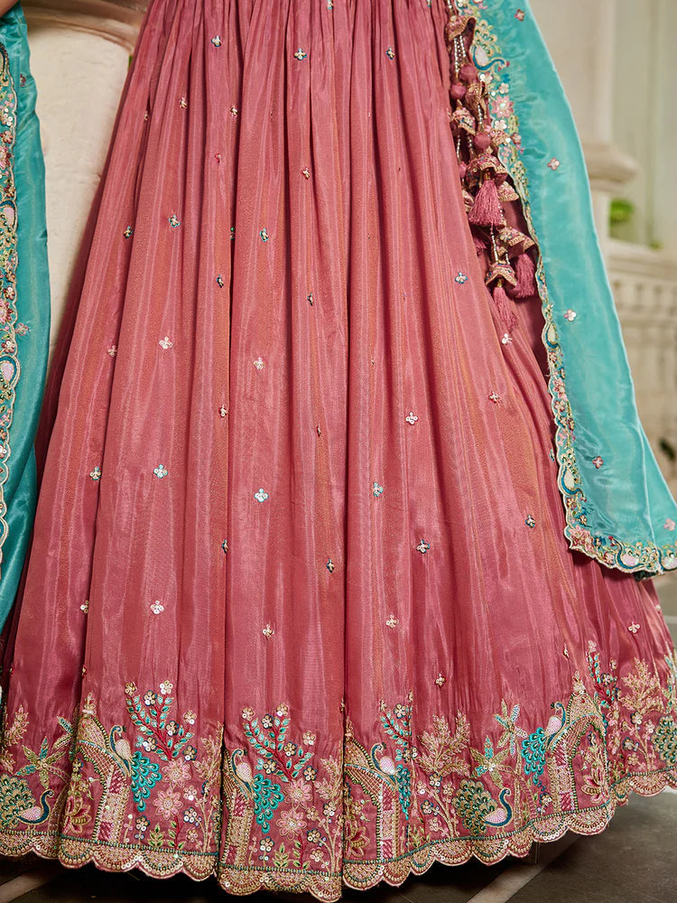 Pink Golden Satin Lehenga Choli Set with Embroidered Dupatta Indian Bridal Outfit ClothsVilla