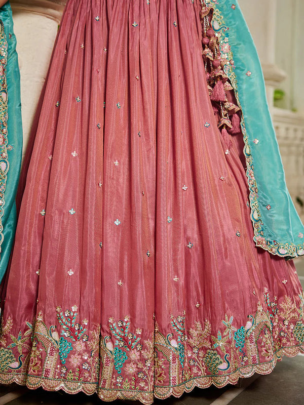 Pink Golden Satin Lehenga Choli Set with Embroidered Dupatta Indian Bridal Outfit ClothsVilla