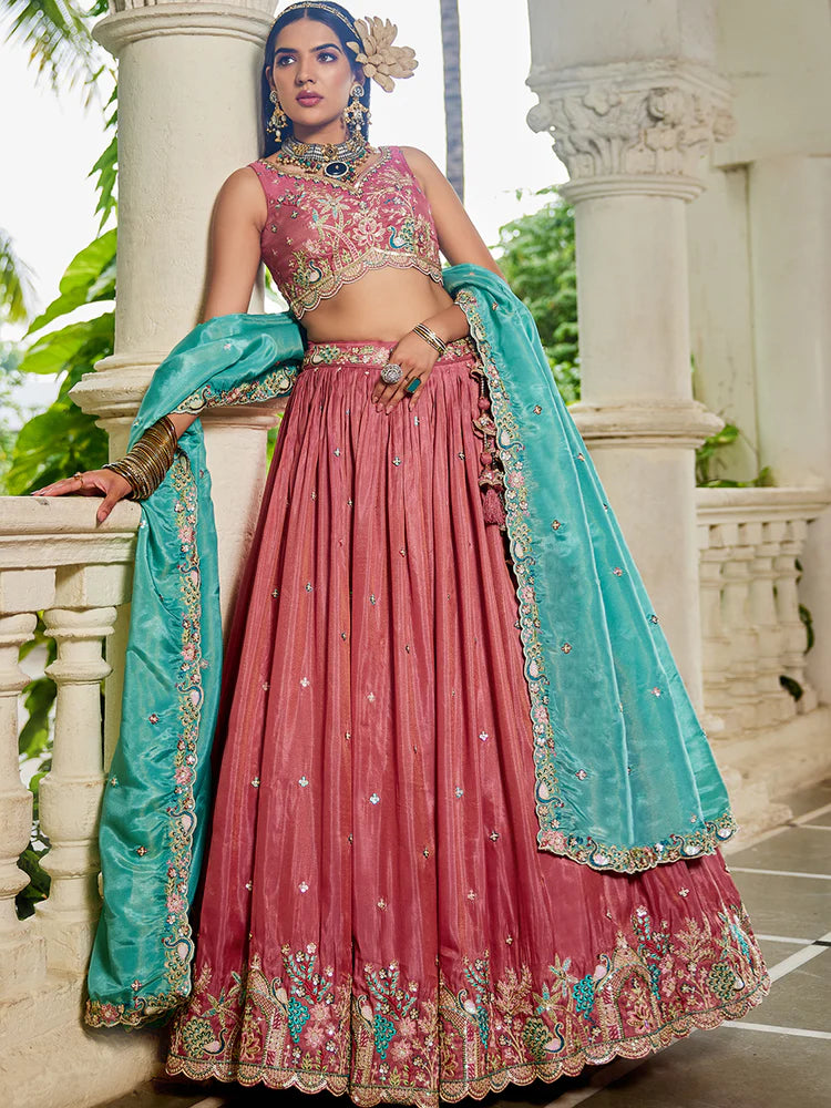 Pink Golden Satin Lehenga Choli Set with Embroidered Dupatta Indian Bridal Outfit ClothsVilla
