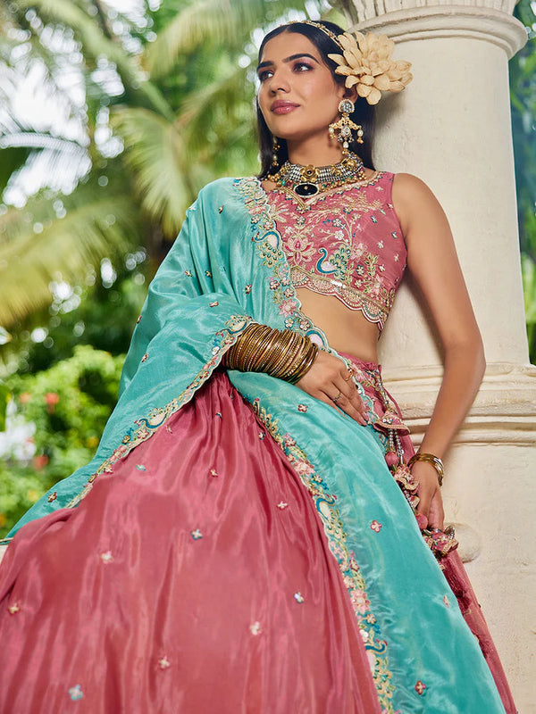 Pink Golden Satin Lehenga Choli Set with Embroidered Dupatta Indian Bridal Outfit ClothsVilla