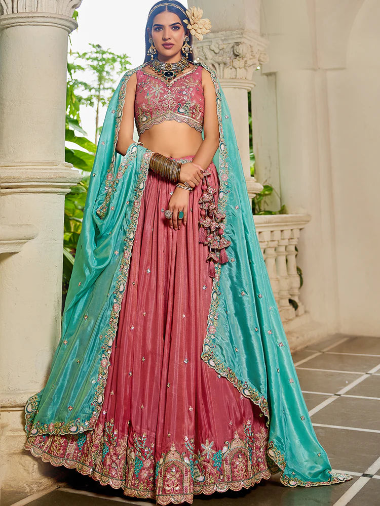 Pink Golden Satin Lehenga Choli Set with Embroidered Dupatta Indian Bridal Outfit ClothsVilla